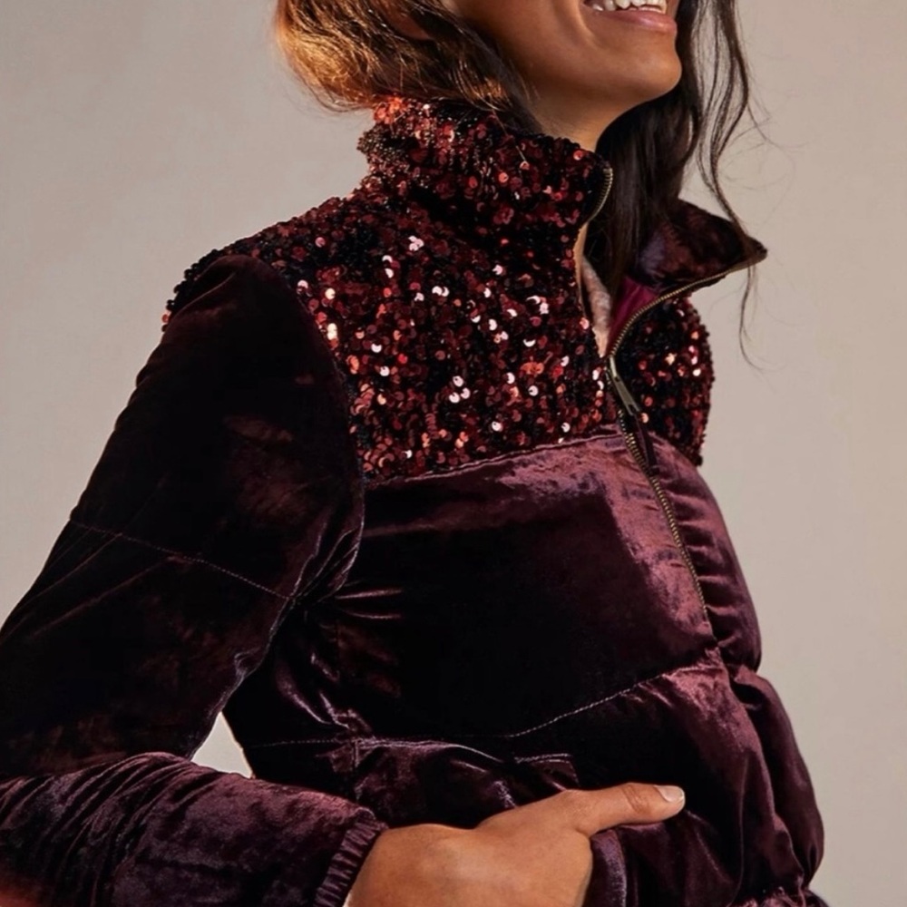 Maeve by Anthropologie Vera Velvet Sequin Puffer Jacket SMALL